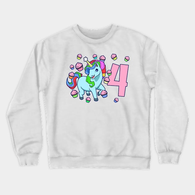 I am 4 with unicorn - girl birthday 4 years old Crewneck Sweatshirt by Modern Medieval Design